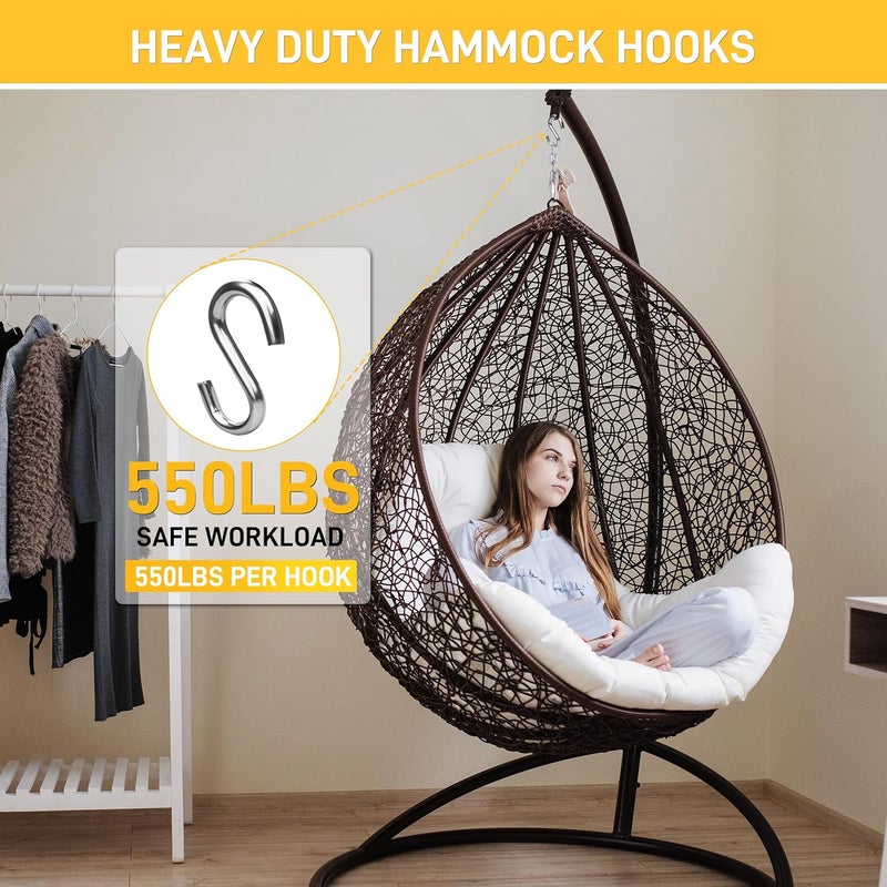 Tingheng 3.2 Inch Heavy Duty S Hooks (2-Pack), 550LB Capacity 304 Stainless Steel Hanging Hooks, Utility S-Hook for Hammock, Swing, Garage Storage, Outdoor Use - Image 5